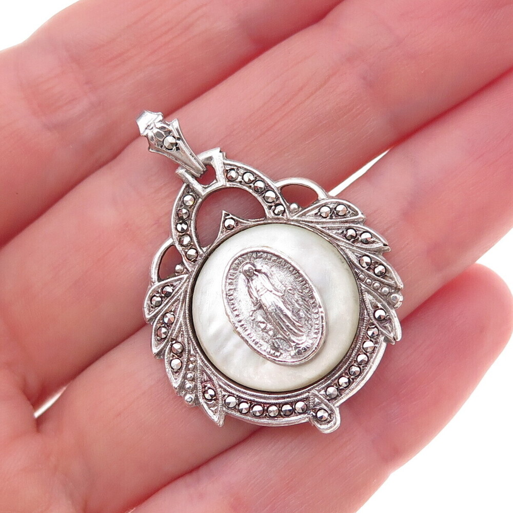 925 Sterling Silver Antique Art Deco Real MOP & Marcasite St. Mary Charm Pendant